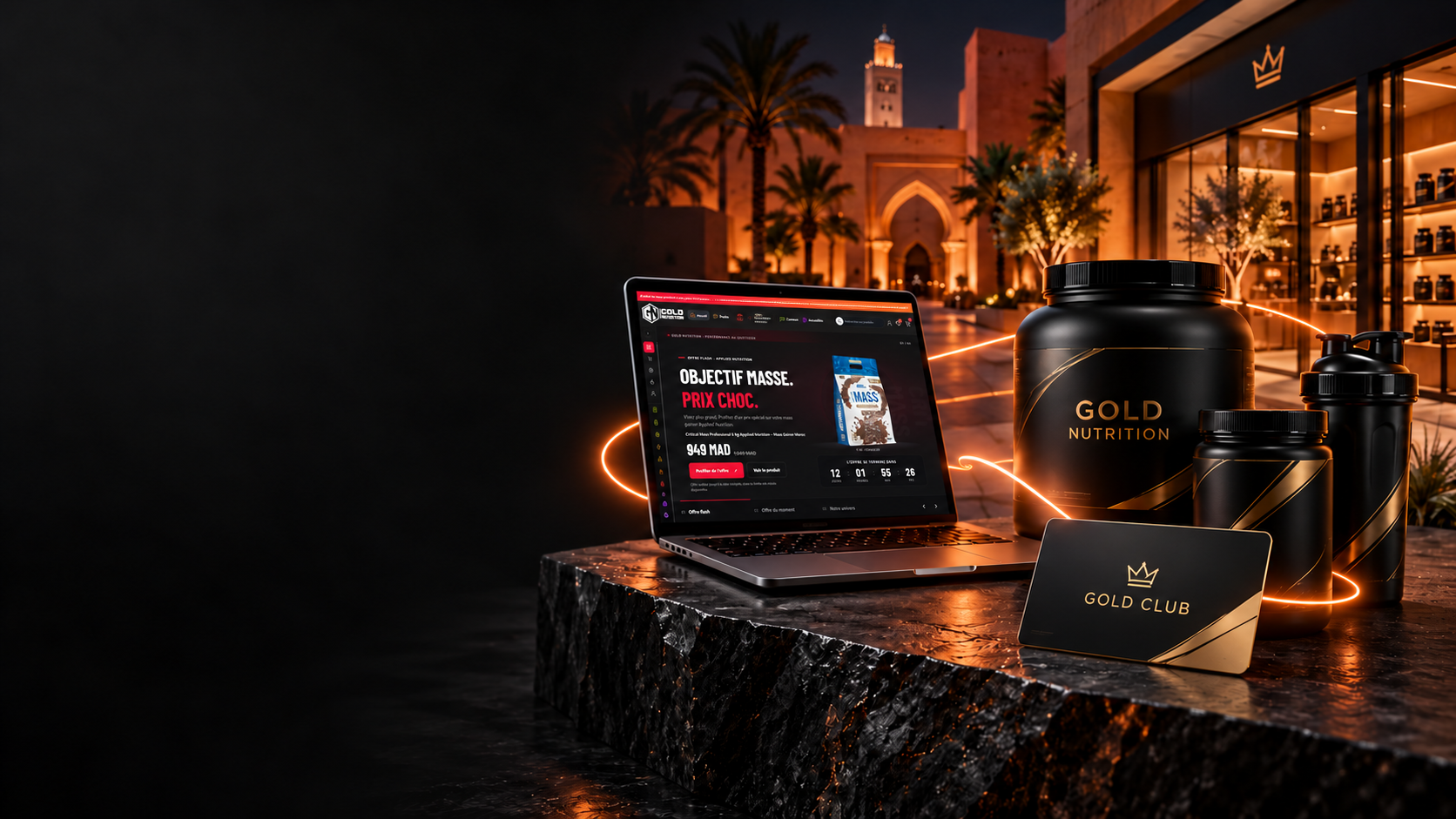 Depuis 2018, Gold Nutrition développe la vente de compléments alimentaires au Maroc : protéines, boutiques à Marrakech, services en ligne et Gold Club.