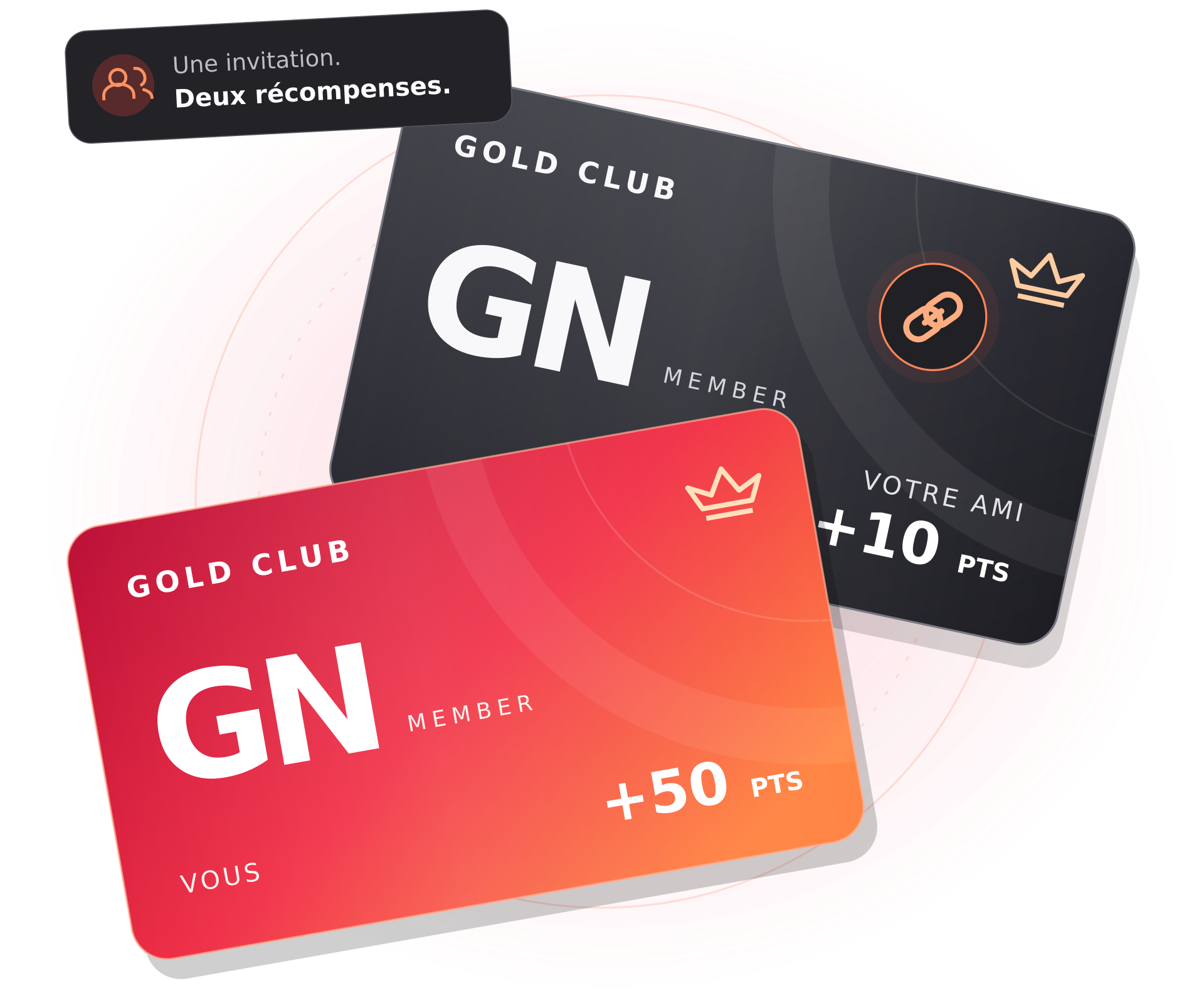Deux cartes Gold Club reliées : 50 points pour vous, 10 points pour votre ami après son inscription parrainée et la confirmation de son e-mail.