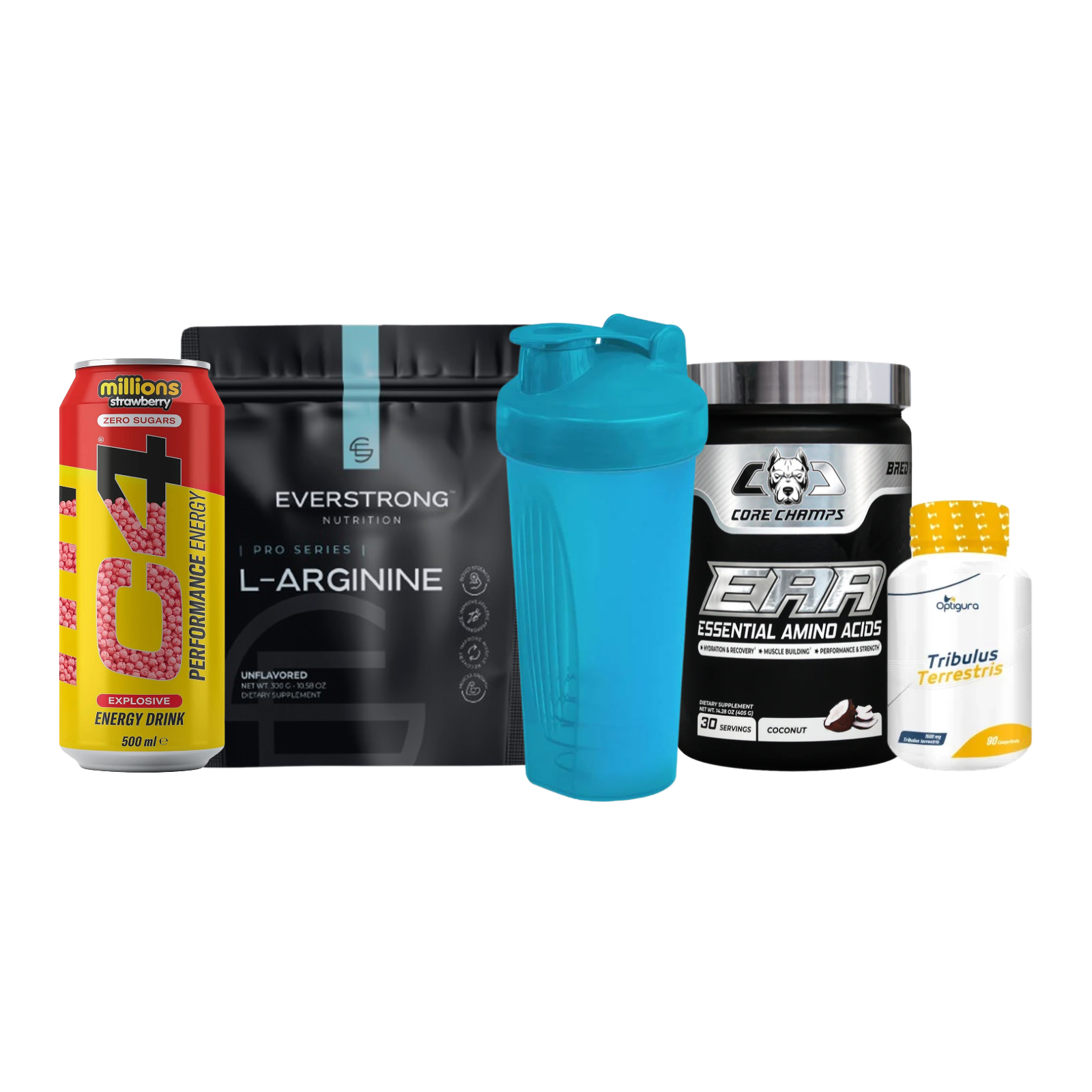 Pack Spartan avec C4 Drink, EAA Core Champs, L-Arginine Everstrong, Tribulus Optigura et shaker